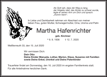 Traueranzeige von Martha Hafenrichter von Frankenpost