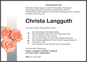 Traueranzeige von Christa Langguth von Südthüringer Presse