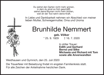Traueranzeige von Brunhilde Nemmert von Neue Presse Coburg