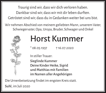 Traueranzeige von Horst Kummer von Südthüringer Presse