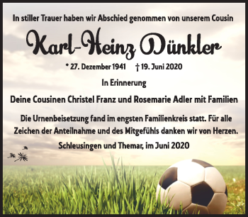 Traueranzeige von Karl-Heinz Dünkler von Südthüringer Presse