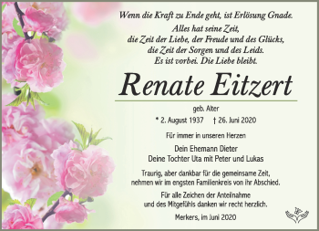 Traueranzeige von Renate Eitzert von Südthüringer Presse