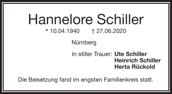 Traueranzeige von Hannelore Schiller von Frankenpost