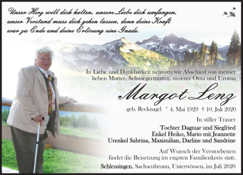 Traueranzeige von Margot Lenz von Südthüringer Presse