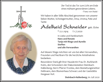 Traueranzeige von Adelheid Schneider von Südthüringer Presse