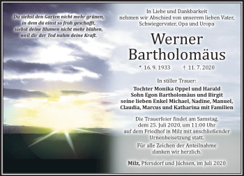 Traueranzeige von Werner Bartholomäus von Südthüringer Presse