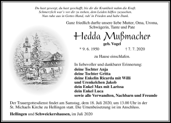 Traueranzeige von Hedda Mußmacher von Südthüringer Presse