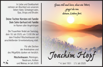 Traueranzeige von Joachim Hopf von Südthüringer Presse