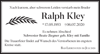 Traueranzeige von Ralph Kley von Südthüringer Presse