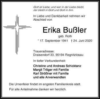 Traueranzeige von Erika Bußler von Frankenpost