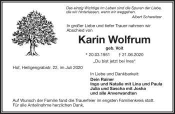 Traueranzeige von Karin Wolfrum von Frankenpost