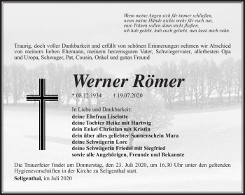 Traueranzeige von Werner Römer von Südthüringer Presse