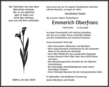 Traueranzeige von Emmerich Oberfranz von Südthüringer Presse