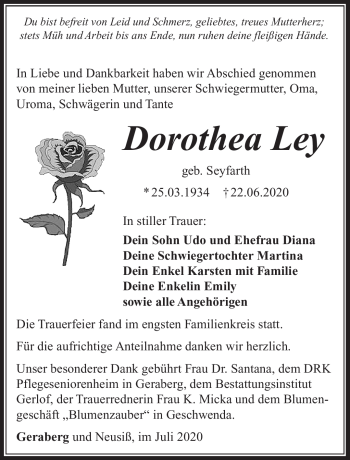 Traueranzeige von Dorothea Ley von Südthüringer Presse