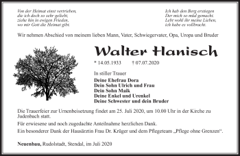 Traueranzeige von Walter Hanisch von Südthüringer Presse