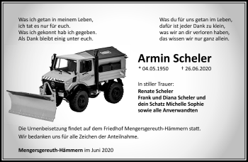 Traueranzeige von Armin Scheler von Südthüringer Presse