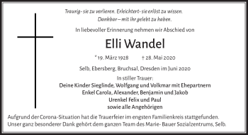 Traueranzeige von Elli Wandel von Frankenpost