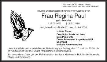 Traueranzeige von Regina Paul von Frankenpost