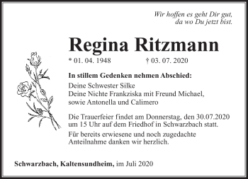 Traueranzeige von Regina Ritzmann von Südthüringer Presse