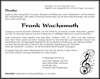 Traueranzeige von Frank Wachsmuth von Südthüringer Presse