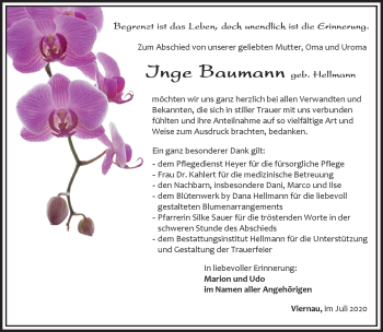 Traueranzeige von Inge Baumann von Südthüringer Presse
