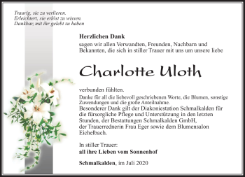 Traueranzeige von Charlotte Uloth von Südthüringer Presse