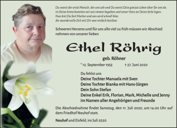 Traueranzeige von Ethel Röhrig von Südthüringer Presse