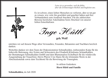 Traueranzeige von Inge Hüttl von Südthüringer Presse