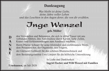 Traueranzeige von Inge Wenzel von Südthüringer Presse