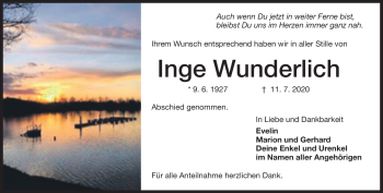 Traueranzeige von Inge Wunderlich von Frankenpost