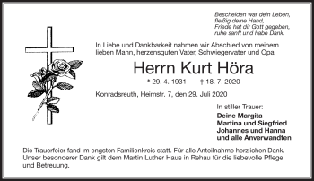 Traueranzeige von Kurt Höra von Frankenpost