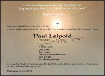 Traueranzeige von Paul Leipold von Südthüringer Presse