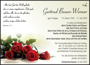 Traueranzeige von Gertrud Bauer-Werner von Südthüringer Presse