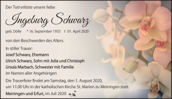 Traueranzeige von Ingeburg Schwarz von Südthüringer Presse