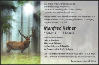 Traueranzeige von Manfred Keiner von Südthüringer Presse