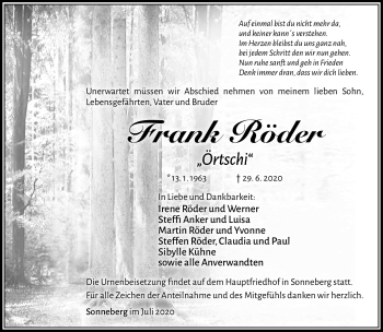 Traueranzeige von Frank Röder von Südthüringer Presse