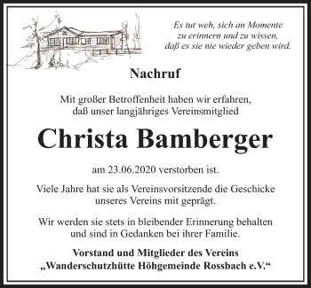 Traueranzeige von Christa Bamberger von Südthüringer Presse