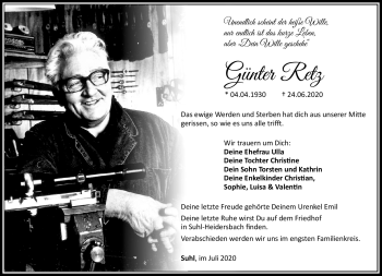 Traueranzeige von Günter Retz von Südthüringer Presse