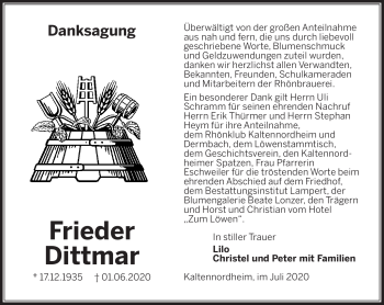 Traueranzeige von Frieder Dittmar von Südthüringer Presse