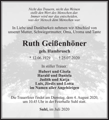 Traueranzeige von Ruth Geißenhöner von Südthüringer Presse