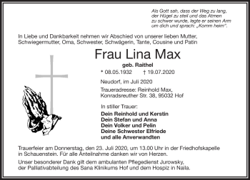 Traueranzeige von Lina Max von Frankenpost