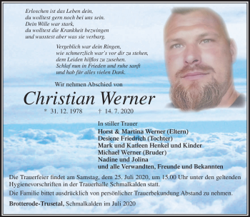Traueranzeige von Christan Werner von Südthüringer Presse