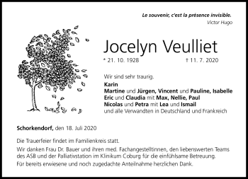 Traueranzeige von Jocelyn Veulliet von Neue Presse Coburg