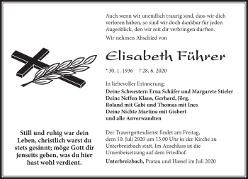 Traueranzeige von Elisabeth Führer von Südthüringer Presse