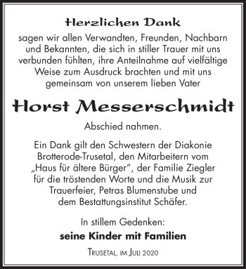 Traueranzeige von Horst Messerschmidt von Südthüringer Presse