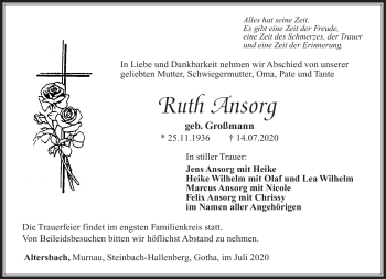 Traueranzeige von Ruth Ansorg von Südthüringer Presse