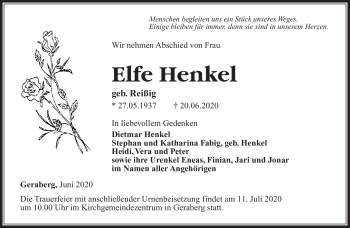 Traueranzeige von Elfe Henkel von Südthüringer Presse