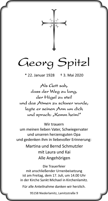 Traueranzeige von Georg Spitzl von Frankenpost