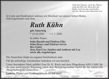 Traueranzeige von Ruth Kühn von Südthüringer Presse