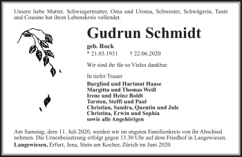 Traueranzeige von Gudrun Schmidt von Südthüringer Presse